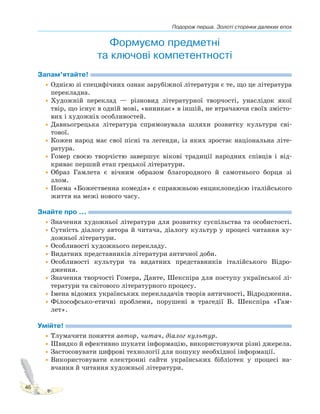 Подорож перша. Золоті сторінки далеких епох
46
Формуємо предметні
та ключові компетентності
Запам’ятайте!
•Однією зі специфічних ознак зарубіжної літератури є те, що це література
перекладна.
•Художній переклад — різновид літературної творчості, унаслідок якої
твір, що існує в одній мові, «виникає» в іншій, не втрачаючи своїх змісто-
вих і художніх особливостей.
•Давньогрецька література спрямовувала шляхи розвитку культури сві-
тової.
•Кожен народ має свої пісні та легенди, із яких зростає національна літе-
ратура.
•Гомер своєю творчістю завершує вікові традиції народних співців і від-
криває перший етап грецької літератури.
•Образ Гамлета є вічним образом благородного й самотнього борця зі
злом.
•Поема «Божественна комедія» є справжньою енциклопедією італійського
життя на межі нового часу.
Знайте про ...
•Значення художньої літератури для розвитку суспільства та особистості.
•Сутність діалогу автора й читача, діалогу культур у процесі читання ху-
дожньої літератури.
•Особливості художнього перекладу.
•Видатних представників літератури античної доби.
•Особливості культури та видатних представників італійського Відро-
дження.
•Значення творчості Гомера, Данте, Шекспіра для поступу української лі-
тератури та світового літературного процесу.
•Імена відомих українських перекладачів творів античності, Відродження.
•Філософсько-етичні проблеми, порушені в трагедії В. Шекспіра «Гам-
лет».
Умійте!
•Тлумачити поняття автор, читач, діалог культур.
•Швидко й ефективно шукати інформацію, використовуючи різні джерела.
•Застосовувати цифрові технології для пошуку необхідної інформації.
•Використовувати електронні сайти українських бібліотек у процесі на-
вчання й читання художньої літератури.
 