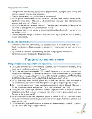 Підсумуємо знання з теми
47
•Створювати електронну продукцію (презентації, буктрейлери тощо) для
популяризації улюблених книжок.
•Стисло характеризувати літературу античності.
•Аналізувати ідейно-тематичну сутність, сюжет, особливості композиції,
проблематику поем «Одіссея», «Божественна комедія» (за прочитаними
уривками), трагедії «Гамлет».
•Визначати провідні мотиви трагедії «Гамлет», роль монологу «Чи бути, чи
не бути» в розкритті образу головного героя.
•Сприймати прочитані твори у контексті відповідної доби і сучасної куль-
турної ситуації.
•Інтерпретувати твори в аспекті національної культури та загальнолюд-
ських цінностей.
Усвідомте важливість!
•Загальнолюдських цінностей, які сповідуються в поемі Гомера «Одіссея».
•Ролі італійського Відродження в розвитку української та світової куль-
тури.
•Духовних цінностей, що втілені у творах літератури й мистецтва.
•Ідей гуманізму у творі доби Відродження.
Підсумуємо знання з теми
Літературознавчо-психологічний практикум
1. Складіть цитатну характеристику Одіссея, спробувавши пояснити, чому
саме він є улюбленцем богині Афіни.
2. Складіть маршрут подорожей Одіссея (або інтерактивну мапу), додавши до
нього свої коментарі. По допомогу зверніться за посиланням: http://esripm.
maps.arcgis.com/apps/MapTour/index.html?appid=4fc9153f4d9248b9bab701
1e3950b552&webmap=962ca9da38bf4c5e9439a6acf3dd1b3e#.
3. Ви — режисер, який знімає фільм «Одіссея». Як ви поділили персонажів
на позитивних і негативних? Виокремте їхні риси характеру та звички.
4. Ви — актор, якому доручили виконання головної ролі у фільмі «Одіссея».
Як ви працюватимете над роллю? Складіть алгоритм своїх дій.
5. Доведіть, що Данте був останнім поетом Середньовіччя і першим поетом
Відродження. Які ознаки середньовічної культури та ренесансні ідеї від-
билися у його творчості?
6. Ви мандруєте підземним царством разом з Данте Аліґ’єрі. Опишіть поба-
чене, використавши епітети, порівняння й метафори. Складіть діалог між
вами та поетом.
7. Опишіть свою версію Пекла (за мотивами «Божественної комедії»). За які
гріхи і як там би карали грішників?
 