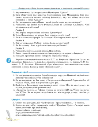 Подорож друга. Проза й поезія пізнього романтизму та переходу до реалізму XIX століття
60
2. Яку таємницю Цахеса розкрили Пульхер та Адріан?
3. Чим обернулося для міністра Протекстатуса фон Мондшайна його про-
хання прочитати князеві записку (доповідь), яку він нібито склав (на-
справді ж її склав Адріан)?
4. Яку нагороду отримав Цахес і який клопіт з того мали придворні?
5. Розкажіть про двобій магів Рожабельверде та Проспера Альпануса. Чим
він завершився й чому?
Розділ 7
1. Яка перша неприємність спіткала Циннобера?
2. Чому Бальтазарові не можна було повертатися із села?
3. Чим закінчилася зустріч Бальтазара з Проспером Альпанусом?
Розділ 8
1. Від чого страждав Фабіан і чим це йому загрожувало?
2. Як Бальтазар і його друзі знешкодили чари Цахеса?
Розділ 9
1. Розкажіть про безславний кінець Циннобера.
2. Якою традиційною казковою подією завершується повість Гофмана?
3. Наведіть приклади іронії, сатири та сарказму у творі.
Українською мовою повість-казку Е. Т. А. Гофмана «Крихітка Цахес, на
прізвисько Циннобер» та інші його твори перекладали М. П. Бажан, Є. О. По-
пович, С. Й. Сакидон. Поетичний образ німецького письменника-романтика
змалював Микола Бажан у поемі «Гофманова ніч».
Проаналізуйте!
1. На що розраховувала фея Рожабельверде, даруючи Цахесові чарівні мож-
ливості у вигляді золотих волосинок?
2. Як ви вважаєте, чи був шанс у Цахеса стати Людиною? Спрогнозуйте дії
та долю героя, якби він зрозумів задум феї.
3. Знайдіть у Бальтазара риси романтичного героя. Що, на вашу думку, не
відповідає принципам романтизму?
4. «Крихітку Цахеса...» Гофман створив на початку ХІХ ст. Тепер уже поча-
ток ХХІ ст. Чи не втратили проблеми, які він порушує у творі, своєї акту-
альності?
Створіть!
1. Схему, яка доводить, що твір Гофмана «Крихітка Цахес...» є казкою.
2. Комікс на тему «Світ персонажів повісті “Крихітка Цахес...”», герої якого
мають говорити про свою книгу.
Скористайтеся сервісами:
http://www.toondoo.com;
http://vidpoviday.com/oglyad-sajtiv-dlya-stvorennya-komiksiv.
 