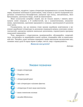7
Могутність, мудрість і краса літератури відкриваються в усьому безмежжі
перед людиною освіченою й допитливою, тому кожна із шести подорожей під-
ручника починається біографічною довідкою про епоху, письменника, його
батьківщину, анотацією твору, який ви вивчатимете.
Нині суспільство потребує людей, які не тільки знають і вміють вико-
нувати певні операції, а й особистостей, що є компетентними, ініціатив-
ними, креативними, здатними працювати в команді, прогнозувати й досягати
своєї мети.
Сподіваємося, що ця книжка стане вашим надійним помічником у ви-
вченні зарубіжної літератури та допоможе підвищити рівень ключових компе-
тентностей, адекватно оцінити навчальні досягнення, спроектувати програму
подальшої самоосвіти.
Тож, працюючи з підручником, розмірковуйте, обговорюйте, сперечай-
теся, зіставляйте та перевіряйте власні оцінки, пізнавайте себе та навколиш-
ній світ. Читайте, адже читання справжніх творів мистецтва ошляхетнює нас,
сповнює наші душі й серця вірою в добро, світло, мир і справедливість.
Бажаємо вам успіхів!
Автори
Умовні позначки
— теорія літератури
— Україна і світ
— літературний ринг
— світ літератури в цікавих фактах
— література й інші види мистецтва
— ваша книжкова полиця
— онлайн-бібліотека
 