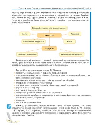 Подорож друга. Проза й поезія пізнього романтизму та переходу до реалізму XIX століття
72
верлібр бере початок у добі Середньовіччя (літургійна поезія), у творчості
німецьких передромантиків, французьких символістів та інших. Особли-
вого значення верлібру надавав В. Вітмен, а надто — авангардисти ХХ ст.
Це одна з провідних форм сучасної поезії, сприйнята як виокремлена си-
стема віршування.
ВЕРЛІБР
джерело
Відсутність рими, поетичного розміру
Паузи Анафори
Ритм
Членування на уривки
Німецькі романтики Французькі символісти
Вітменівський каталог — довгий і детальний перелік якихось фактів,
ознак, реалій тощо. Вітмен часто вживав у своїх творах такий каталог —
довгі й детальні описи, згадування безлічі фактів тощо.
Традиції та художнє новаторство В. Вітмена:
•схожість образу ліричного героя та творця збірки;
•поєднання конкретного, чуттєво-образного плану з планом абстрактним,
філософського значення;
•змалювання життя в контрастах (протилежність образів);
•створення вітменівського каталогу;
•дія музичного принципу на всіх рівнях поетичної композиції;
•форма вірша — верлібр;
•внутрішній і зовнішній ритм;
•поступове зростання емоційного напруження;
•використання прийомів ораторського мистецтва (риторичних запитань,
окличних речень, звертань);
•космізм;
•схильність до символіки.
1969 р. українською мовою вийшла книга «Листя трави», що стало
результатом праці колективу перекладачів, серед яких були В. О. Мисик,
І. Ю. Кулик, В. О. Коротич, Михайло Тупайло та ін. 1984 р. читачі познайо-
милися з книгою українського дослідника і перекладача Леся Герасимчука
«Волт Вітмен. Поезії».
 