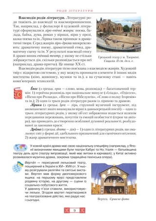 Взаємодія родів літератури. Літературні ро
ди тяжіють до взаємодії та взаємопроникнення.
Так, наприклад, у фольклорі й художній літера
турі сформувалися ліро епічні жанри: поема, ба
лада, байка, дума, роман у віршах, вірш у прозі,
казка поема та ін. Лірика також проникає в драма
тичні твори. Серед жанрів ліро драми виокремлю
ють: драматичну поему, драматичний етюд, дра
матичну сцену та ін. У результаті взаємодії епосу
й драми виник епічний театр, у якому не стільки
зображується дія, скільки розповідається про неї
(наприклад, драма притча). Це явище XX ст.
Взаємодія родів літератури тісно пов’язана з взаємодією жанрів. Художній
твір є відкритою системою, у яку можуть проникати елементи й інших видів
мистецтва (кіно, живопису, музики та ін.), а на сучасному етапі — навіть
комп’ютерних технологій.
ЕЕпос (з грецьк. epos — слово, мова, розповідь) — багатозначний тер
мін: 1) героїчна розповідь про національне минуле («Іліада», «Одіссея»,
«Пісня про Роланда», «Пісня про Нібелунгів», «Слово о полку Ігоревім»
та ін.); 2) один із трьох родів літератури разом із лірикою та драмою.
Ліірика (з грецьк. lyra — ліра, струнний музичний інструмент, під
акомпанемент якого виконували вірші в давньогрецькій поезії) — один із
трьох літературних родів, у якому об’єкт зображення подається шляхом
передавання переживань, почуттів та емоцій особистості (героя чи авто
ра), що приводить до створення особливої духовної реальності, розбудо
ваної за законами краси.
Драама (з грецьк. drama — дія) — 1) один із літературних родів, що зма
льовує світ у формі дії, здебільшого призначений для сценічного втілення;
2) жанр драматичного мистецтва.
У кожній країні драма має свою національну специфіку (наприклад, у Япо
нії визначними явищами були театри Кабукі та Но; Італія — батьківщина
театру дель арте (театру імпровізації, який має витоки в карнавалі); у Китаї активно
розвивалася музична драма, зокрема традиційна пекінська опера).
Вертåп — пересувний ляльковий театр,
поширений в Україні в XVI– XVIII ст. У ньо
му розігрували релігійні та світські виста
ви. Вертеп мав форму двоповерхового
ящика: на першому ярусі представляли
різдвяну історію, на другому — сцени із
соціально побутового життя.
У давнину п’єси ставили, використовую
чи ляльки. Згодом вертеп перетворився
на театралізоване дійство, яке радує нас
і сьогодні.
9
Р О Д И Л І Т Е Р А Т У Р И
Грецький театр у м. Таорміні.
Сицилія. ІІ ст. до н. е.
Вертеп. Сучасне фото
 