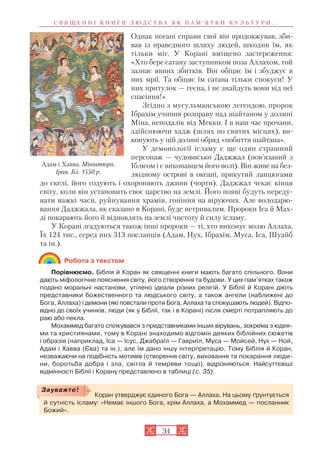 34
Однак погані справи свої він продовжував, зби
вав із праведного шляху людей, шкодив їм, як
тільки міг. У Корані вміщено застереження:
«Хто бере сатану заступником поза Аллахом, той
зазнає явних збитків. Він обіцяє їм і збуджує в
них мрії. Та обіцяє їм сатана тільки спокуси! У
них притулок — геєна, і не знайдуть вони від неї
спасіння!»
Згідно з мусульманською легендою, пророк
Ібрахім учинив розправу над шайтаном у долині
Міна, неподалік від Мекки. І в наш час прочани,
здійснюючи хадж (шлях по святих місцях), ви
конують у цій долині обряд «побиття шайтана».
У демонології ісламу є ще один страшний
персонаж — чудовисько Даджжал (пов’язаний з
Іблісом і є виконавцем його волі). Він живе на без
людному острові в океані, прикутий ланцюгами
до скелі, його годують і охороняють джини (чорти). Даджжал чекає кінця
світу, коли він установить своє царство на землі. Його появі будуть переду
вати важкі часи, руйнування храмів, гоніння на віруючих. Але володарю
вання Даджжала, як сказано в Корані, буде нетривалим. Пророки Іса й Мах
ді покарають його й відновлять на землі чистоту й силу ісламу.
У Корані згадуються також інші пророки — ті, хто виконує волю Аллаха.
Їх 124 тис., серед них 313 посланців (Адам, Нух, Ібрахім, Муса, Іса, Шуайб
та ін.).
Робота з текстом
Порівнюємо. Біблія й Коран як священні книги мають багато спільного. Вони
дають міфологічне пояснення світу, його створення та будови. У цих пам’ятках також
подано моральні настанови, утілено ідеали різних релігій. У Біблії й Корані діють
представники божественного та людського світу, а також ангели (наближені до
Бога, Аллаха) і демони (які повстали проти Бога, Аллаха та спокушають людей). Відпо
відно до своїх учинків, люди (як у Біблії, так і в Корані) після смерті потрапляють до
раю або пекла.
Мохаммед багато спілкувався з представниками інших вірувань, зокрема з юдея
ми та християнами, тому в Корані знаходимо відгомін деяких біблійних сюжетів
і образів (наприклад, Іса — Ісус, Джабраїл — Гавриїл, Муса — Мойсей, Нух — Ной,
Адам і Хавва (Єва) та ін.), але їм дано іншу інтерпретацію. Тому Біблія й Коран,
незважаючи на подібність мотивів (створення світу, виховання та покарання люди
ни, боротьба добра і зла, світла й темряви тощо), відрізняються. Найсуттєвіші
відмінності Біблії і Корану представлено в таблиці (с. 35).
С В Я Щ Е Н Н І К Н И Г И Л Ю Д С Т В А Я К П А М ’ Я Т К И К У Л Ь Т У Р И . . .
Адам і Хавва. Мініатюра.
Іран. Бл. 1550 р.
Коран утверджує єдиного Бога — Аллаха. На цьому ґрунтується
й сутність ісламу: «Немає іншого Бога, крім Аллаха, а Мохаммед — посланник
Божий».
Зауважте!
 