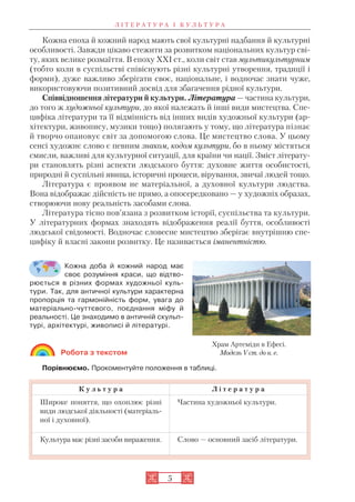 Кожна епоха й кожний народ мають свої культурні надбання й культурні
особливості. Завжди цікаво стежити за розвитком національних культур сві
ту, яких велике розмаїття. В епоху XXI ст., коли світ став мультикультурним
(тобто коли в суспільстві співіснують різні культурні утворення, традиції і
форми), дуже важливо зберігати своє, національне, і водночас знати чуже,
використовуючи позитивний досвід для збагачення рідної культури.
Співвідношення літератури й культури. Література — частина культури,
до того ж художньої культури, до якої належать й інші види мистецтва. Спе
цифіка літератури та її відмінність від інших видів художньої культури (ар
хітектури, живопису, музики тощо) полягають у тому, що література пізнає
й творчо опановує світ за допомогою слова. Це мистецтво слова. У цьому
сенсі художнє слово є певним знаком, кодом культури, бо в ньому містяться
смисли, важливі для культурної ситуації, для країни чи нації. Зміст літерату
ри становлять різні аспекти людського буття: духовне життя особистості,
природні й суспільні явища, історичні процеси, вірування, звичаї людей тощо.
Література є проявом не матеріальної, а духовної культури людства.
Вона відображає дійсність не прямо, а опосередковано — у художніх образах,
створюючи нову реальність засобами слова.
Література тісно пов’язана з розвитком історії, суспільства та культури.
У літературних формах знаходять відображення реалії буття, особливості
людської свідомості. Водночас словесне мистецтво зберігає внутрішню спе
цифіку й власні закони розвитку. Це називається іманентністю.
Кожна доба й кожний народ має
своє розуміння краси, що відтво
рюється в різних формах художньої куль
тури. Так, для античної культури характерна
пропорція та гармонійність форм, увага до
матеріально чуттєвого, поєднання міфу й
реальності. Це знаходимо в античній скульп
турі, архітектурі, живописі й літературі.
Робота з текстом
Порівнюємо. Прокоментуйте положення в таблиці.
5
Храм Артеміди в Ефесі.
Модель V ст. до н. е.
К у л ь т у р а Л і т е р а т у р а
Широке поняття, що охоплює різні
види людської діяльності (матеріаль
ної і духовної).
Частина художньої культури.
Культура має різні засоби вираження. Слово — основний засіб літератури.
Л І Т Е Р А Т У Р А І К У Л Ь Т У Р А
 