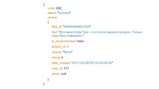 {
code: 200
status: "success"
review:
{
filial_id: "985690699651034"
text: "Для меня Code Fest - это глоток свежего воздуха. Только
надо баги пофиксить."
is_recommended: false
project_id: 1
source: "flamp"
rating: 4
date_created: "2011-03-28T05:30:50+04:00"
user_id: 171
photo: null
}
}
 