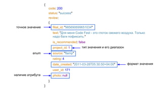 {
code: 200
status: "success"
review:
{
filial_id: "985690699651034"
text: "Для меня Code Fest - это глоток свежего воздуха. Только
надо баги пофиксить."
is_recommended: false
project_id: 1
source: "flamp"
rating: 4
date_created: "2011-03-28T05:30:50+04:00"
user_id: 171
photo: null
}
}
точное значение
наличие атрибута
enum
тип значения и его диапазон
формат значения
 