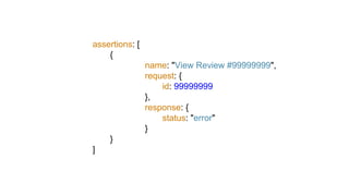 assertions: [
{
name: "View Review #99999999",
request: {
id: 99999999
},
response: {
status: "error"
}
}
]
 