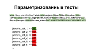 Параметризованные тесты
https://flamp.ru/api/2.0/filials/?what=кафе&project=1&lon=71&lat=65&radius=1000&
sort=relevance&limit=12&page=5&with_markers=false&building_id=1&metarubric=323&
depth=1&scopes=reviews&access_token=fa07c31442508e2248fcd634a786d409428ca50d
[params_set_1] => 200,
[params_set_2] => 404,
[params_set_3] => 401,
[params_set_4] => 403,
[params_set_5] => 400,
[params_set_6] => 500,
...
 