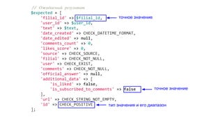 // Ожидаемый результат
$expected = [
'filial_id' => $filial_id,
'user_id' => $user_id,
'text' => $text,
'date_created' => CHECK_DATETIME_FORMAT,
'date_edited' => null,
'comments_count' => 0,
'likes_score' => 0,
'source' => CHECK_SOURCE,
'filial' => CHECK_NOT_NULL,
'user' => CHECK_EXIST,
'comments' => CHECK_NOT_NULL,
'official_answer' => null,
'additional_data' => [
'is_liked' => false,
'is_subscribed_to_comments' => false
],
'url' => CHECK_STRING_NOT_EMPTY,
'id' => CHECK_POSITIVE
];
точное значение
тип значения и его диапазон
точное значение
 