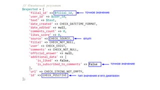 // Ожидаемый результат
$expected = [
'filial_id' => $filial_id,
'user_id' => $user_id,
'text' => $text,
'date_created' => CHECK_DATETIME_FORMAT,
'date_edited' => null,
'comments_count' => 0,
'likes_score' => 0,
'source' => CHECK_SOURCE,
'filial' => CHECK_NOT_NULL,
'user' => CHECK_EXIST,
'comments' => CHECK_NOT_NULL,
'official_answer' => null,
'additional_data' => [
'is_liked' => false,
'is_subscribed_to_comments' => false
],
'url' => CHECK_STRING_NOT_EMPTY,
'id' => CHECK_POSITIVE
];
точное значение
enum
тип значения и его диапазон
точное значение
 