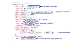 // Ожидаемый результат
$expected = [
'filial_id' => $filial_id,
'user_id' => $user_id,
'text' => $text,
'date_created' => CHECK_DATETIME_FORMAT,
'date_edited' => null,
'comments_count' => 0,
'likes_score' => 0,
'source' => CHECK_SOURCE,
'filial' => CHECK_NOT_NULL,
'user' => CHECK_EXIST,
'comments' => CHECK_NOT_NULL,
'official_answer' => null,
'additional_data' => [
'is_liked' => false,
'is_subscribed_to_comments' => false
],
'url' => CHECK_STRING_NOT_EMPTY,
'id' => CHECK_POSITIVE
];
формат значения
точное значение
enum
тип значения и его диапазон
наличие атрибута
точное значение
 
