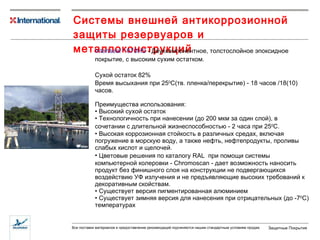 Системы внешней антикоррозионной защиты резервуаров и металлоконструкций Intertseal  ®  670HS  -  Двухкомпонентное, толстослойное эпоксидное покрытие, с  высоким сухим остатком . Сухой остаток 82% Время высыхания при 25 0 С (тв. пленка/перекрытие)  -  18  час ов /18(10) часов. Преимущества использования: Высокий сухой остаток Технологичность при нанесении (до 200 мкм за один слой), в сочетании с длительной жизнеспособностью - 2 часа при  25 0 С . Высокая коррозионная стойкость в различных средах, включая погружение в морскую воду, а также нефть, нефтепродукты, проливы слабых кислот и щелочей. Цветовые решения по каталогу  RAL   при помощи системы компьютерной колеровки -  Chromoscan  - дает возможность наносить продукт без финишного слоя на конструкции не подвергающихся воздействию УФ излучения и не предъявляющие высоких требований к декоративным скойствам. Существует версия пигментированная алюминием Существует зимняя версия для нанесения при отрицательных (до -7 0 С) температурах 