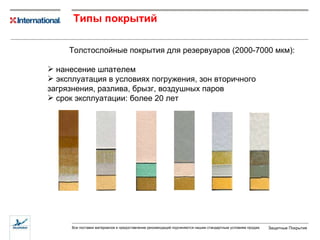 Типы покрытий   Толстослойные   покрытия для резервуаров  ( 2000 - 7000   мкм ) : нанесение шпателем   эксплуатация в условиях погружения, зон вторичного загрязнения, разлива, брызг, воздушных паров срок эксплуатации: более 20 лет 