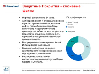 Защитные Покрытия - ключевые факты География продаж: Мировой рынок :  около   € 4  млрд. Антикоррозионная и   огнезащита   во всех отраслях промышленности, включая нефте- газодобычу и переработку ,  химические и нефтехимические производства ,  объекты инфраструктуры  ( аэропорты ,  стадионы, мосты   и т.п. ),  горнодобывающую и энергетическую промышленность. Быстро развивающиеся рынки: Китай ,  Индия   и Восточная Европа Комплексный подход, начиная с архитекторов/инженеров   и заканчивая подрядными организациями Расширение рынка за счет высокотехнологичных продуктов  Devoe, Ceilcote  и  Enviroline . 