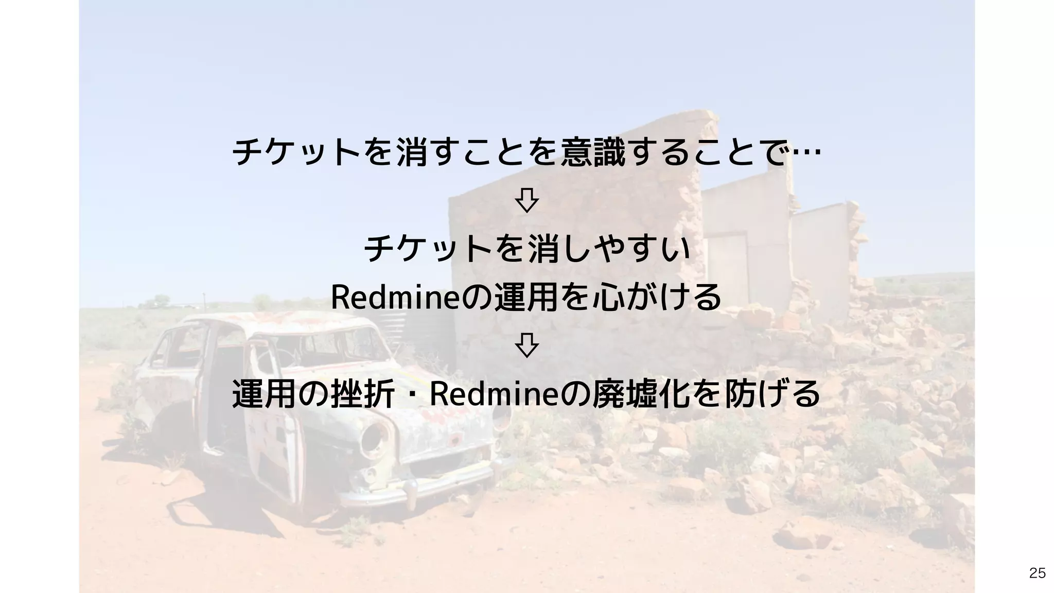 チケットを消すことを意識することで…


⇩


チケットを消しやすい


Redmineの運用を心がける


⇩


運用の挫折・Redmineの廃墟化を防げる
 

 