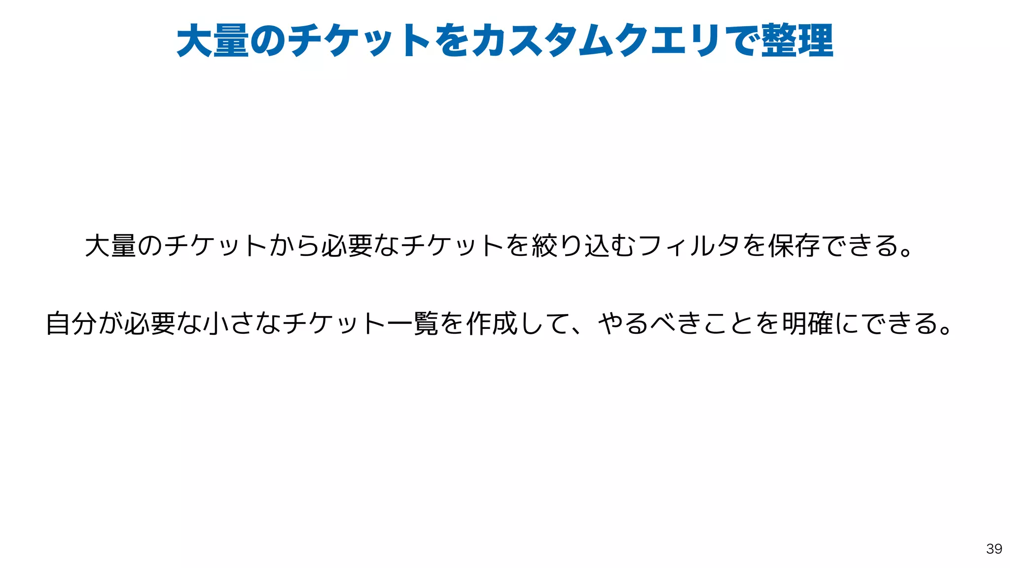 େྔͷνέοτΛΧελϜΫΤϦͰ੔ཧ
大量のチケットから必要なチケットを絞り込むフィルタを保存できる。


自分が必要な小さなチケット一覧を作成して、やるべきことを明確にできる。

 