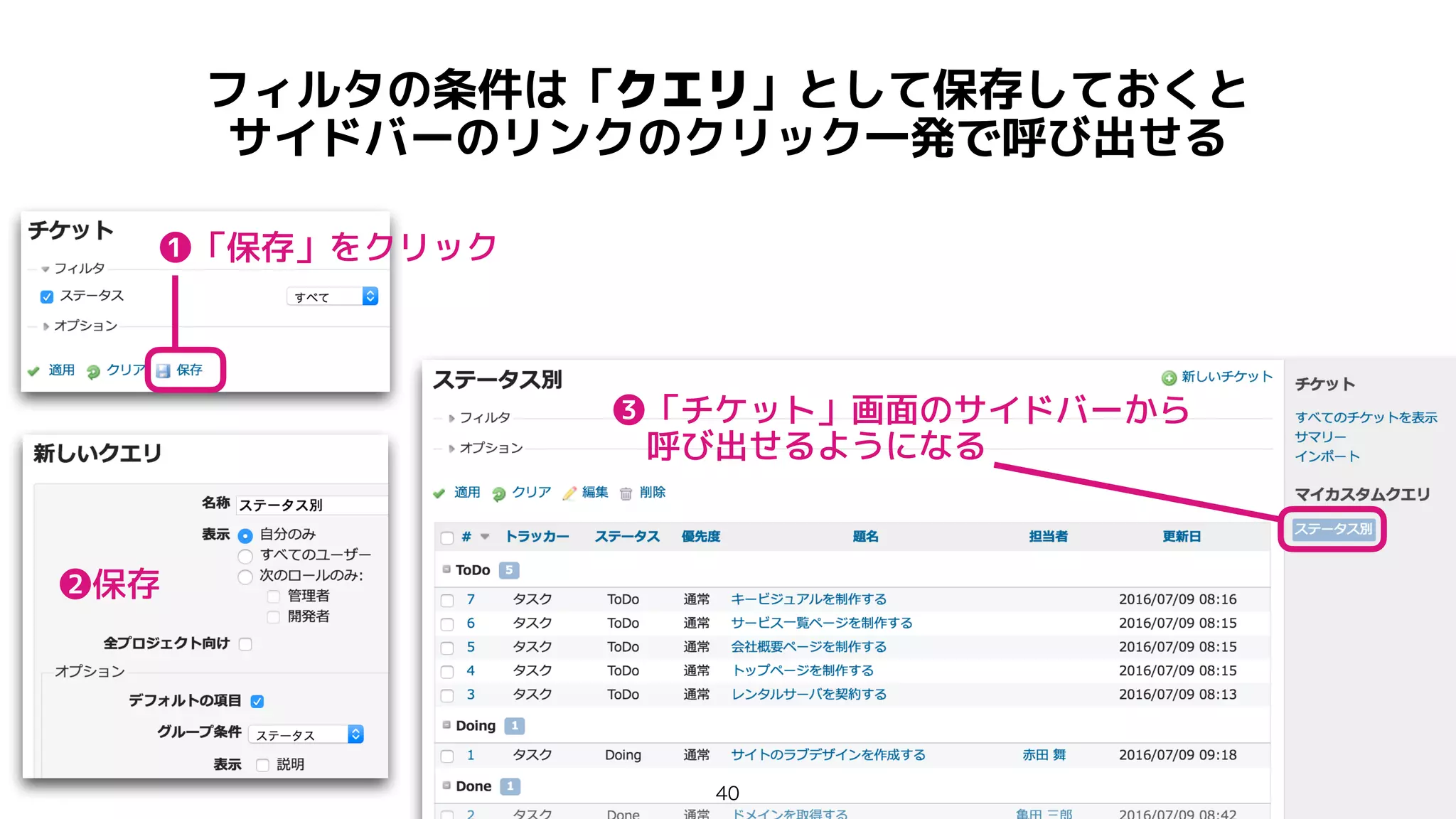 フィルタの条件は「クエリ」として保存しておくと
 
サイドバーのリンクのクリック一発で呼び出せる
❶「保存」をクリック
❷保存
❸「チケット」画面のサイドバーから


　呼び出せるようになる

 