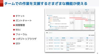 チームでの作業を支援するさまざまな機能が使える

■ チケット


■ ガントチャート


■ 時間管理


■ Wiki


■ フォーラム


■ リポジトリブラウザ


■ ほか
 