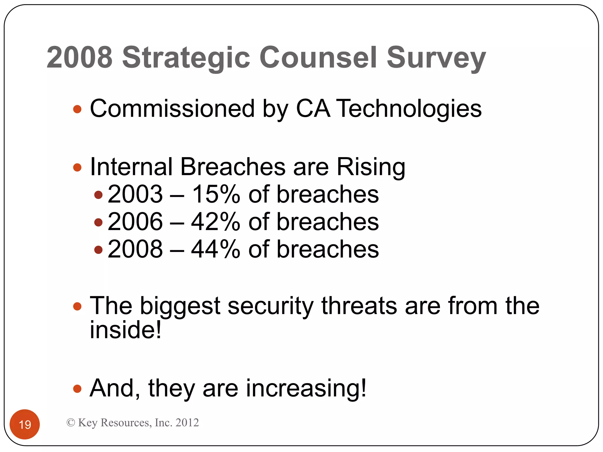 2008 Strategic Counsel Survey
       Commissioned by CA Technologies

       Internal Breaches are Rising
         2003 – 15% of breaches
         2006 – 42% of breaches
         2008 – 44% of breaches

       The biggest security threats are from the
          inside!

       And, they are increasing!
19    © Key Resources, Inc. 2012
 