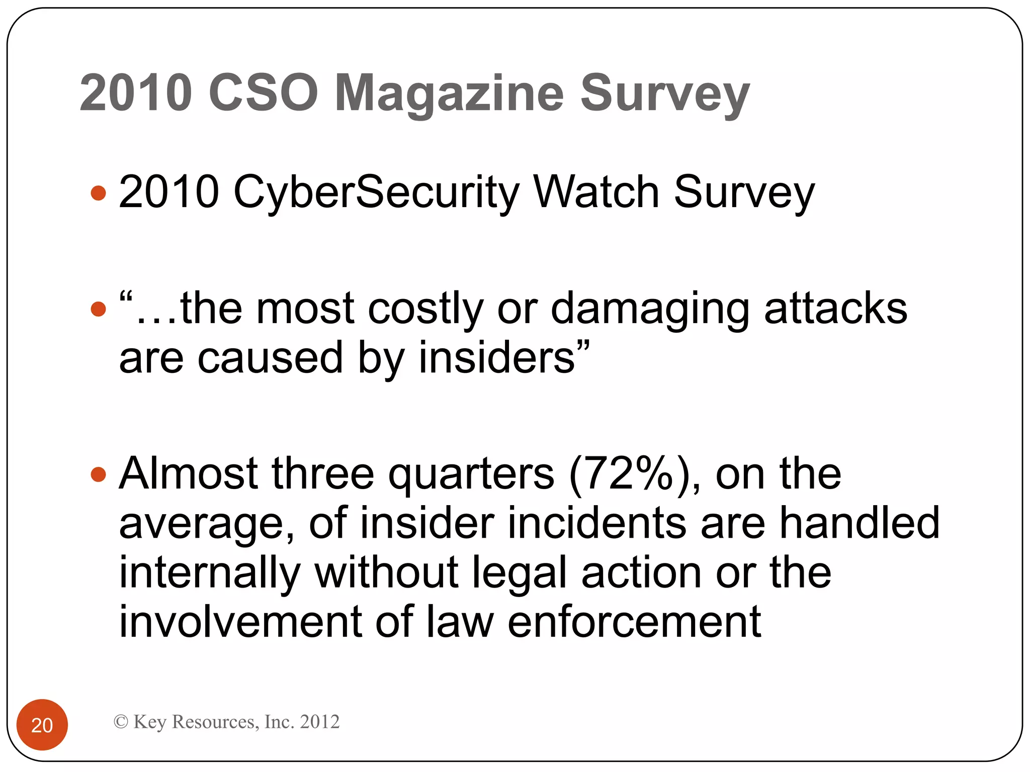 2010 CSO Magazine Survey
      2010 CyberSecurity Watch Survey

      “…the most costly or damaging attacks
      are caused by insiders”

      Almost three quarters (72%), on the
      average, of insider incidents are handled
      internally without legal action or the
      involvement of law enforcement

20    © Key Resources, Inc. 2012
 