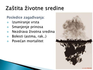 Posledice zagađivanja:
 Izumiranje vrsta
 Smanjenje prinosa
 Nezdrava životna sredina
 Bolesti (astma, rak..)
 Povećan mortalitet
 