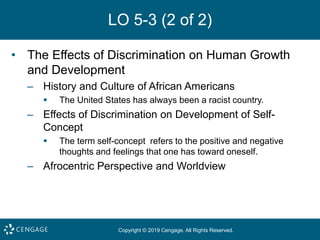 Copyright © 2019 Cengage. All Rights Reserved.
LO 5-3 (2 of 2)
• The Effects of Discrimination on Human Growth
and Development
– History and Culture of African Americans
 The United States has always been a racist country.
– Effects of Discrimination on Development of Self-
Concept
 The term self-concept refers to the positive and negative
thoughts and feelings that one has toward oneself.
– Afrocentric Perspective and Worldview
 