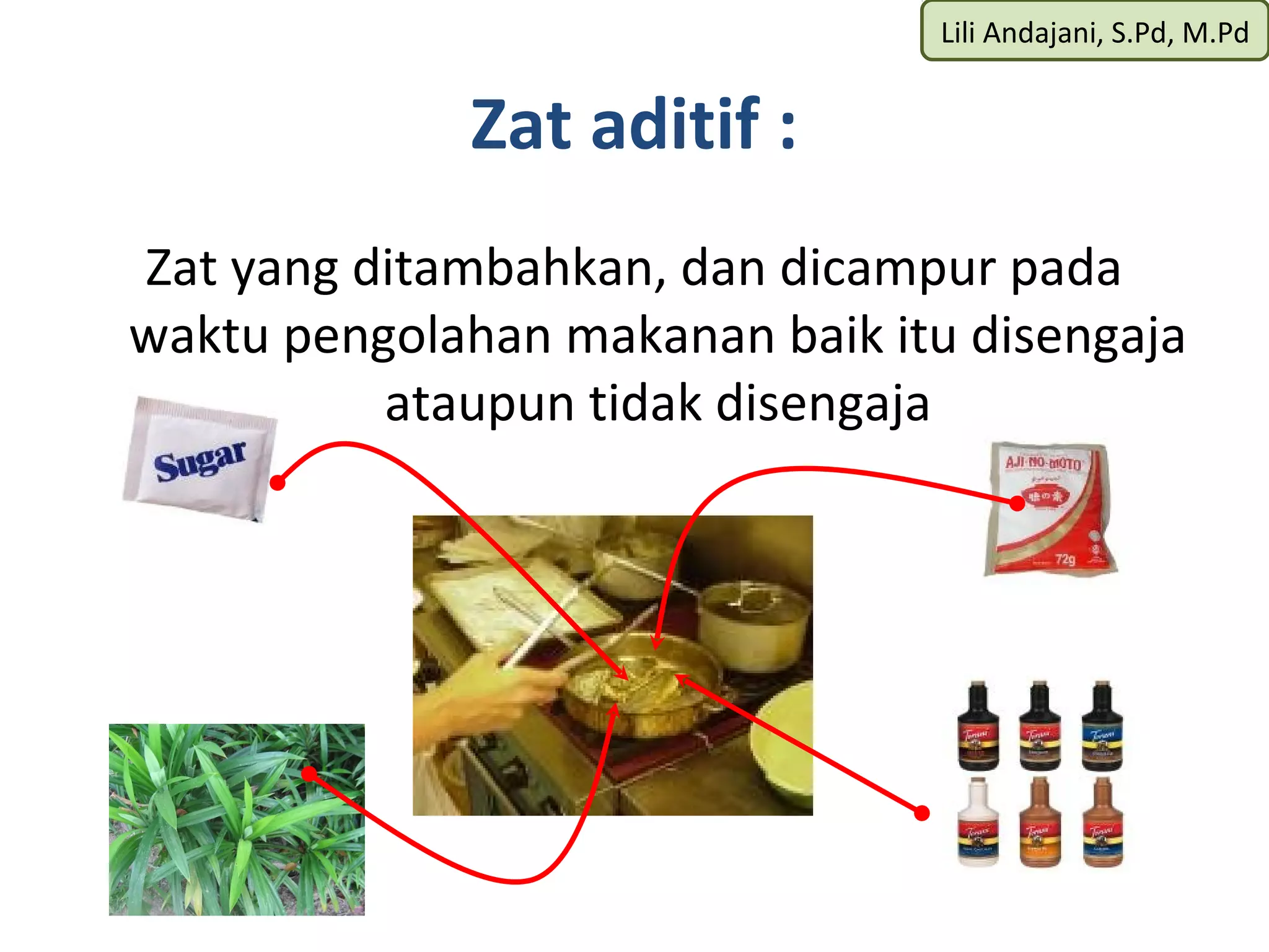Lili Andajani, S.Pd, M.Pd


             Zat aditif :
Zat yang ditambahkan, dan dicampur pada
waktu pengolahan makanan baik itu disengaja
          ataupun tidak disengaja
 