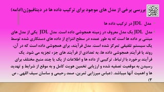 •‫مدل‬JDL‫در‬‫داده‬ ‫ترکیب‬‫ها‬
•‫مدل‬JDL‫یک‬‫همجوشی‬ ‫زمینه‬ ‫در‬ ‫معروف‬ ‫مدل‬‫داده‬‫است‬.‫مدل‬JDL‫های‬ ‫مدل‬ ‫از‬ ‫یکی‬
‫ها‬ ‫داده‬ ‫بر‬ ‫مبتنی‬‫است‬‫در‬ ‫عمده‬ ‫طور‬ ‫به‬ ‫که‬‫انتزاع‬ ‫سطح‬‫های‬ ‫داده‬ ‫از‬‫شده‬ ‫دستکاری‬‫توس‬‫ط‬
‫یک‬ِ‫م‬‫سیست‬‫شده‬ ‫تمرکز‬ ‫تلفیقی‬‫است‬.،‫فرآیند‬ ‫مدل‬‫د‬ ‫که‬ ‫است‬ ‫داده‬ ‫همجوشی‬ ‫برای‬‫ر‬،‫آن‬
‫یا‬ ‫روند‬‫همجوشی‬ ِ‫د‬‫فرآین‬‫داده‬،‫ها‬‫جزء‬ ‫های‬ ‫فرآیند‬ ‫از‬ ‫تعدادی‬ ‫به‬‫شود‬ ‫می‬ ‫تجزیه‬.‫یک‬
‫با‬ ‫برخورد‬ ‫فرآیند‬،‫ارتباط‬‫از‬ ‫ترکیبی‬‫ها‬ ‫داده‬‫مختلف‬ ‫منبع‬ ‫چند‬ ‫یا‬ ‫یک‬ ‫از‬ ‫اطالعات‬ ‫و‬‫برای‬
‫رسیدن‬‫موقعیت‬ ‫به‬‫هویت‬ ‫تخمین‬ ‫ارزیابی‬ ‫و‬ ‫شده‬ ‫تصفیه‬‫کامل‬‫و‬‫موقع‬ ‫به‬‫شرایط‬ ‫از‬‫تهدید‬ ‫و‬
‫میباشد‬ ‫آنها‬ ‫اهمیت‬ ‫و‬ ‫ها‬( .‫ص‬ ، ‫اللهی‬ ‫سیف‬ ‫ساسان‬ ‫و‬ ‫رحیمی‬ ‫صمد‬ ،‫ثمرین‬ ‫میرزایی‬ ‫عباس‬
3)
‫دیتافیوژن‬ ‫در‬ ‫ها‬ ‫داده‬ ‫ترکیب‬ ‫برای‬ ‫موجود‬ ‫های‬ ‫مدل‬ ‫از‬ ‫برخی‬ ‫بررسی‬(‫ادامه‬)
 
