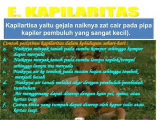 E. KAPILARITAS Kapilartisa yaitu gejala naiknya zat cair pada pipa kapiler pembuluh yang sangat kecil). 
