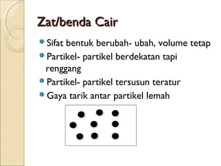 Zat/benda Cair
Sifatbentuk berubah- ubah, volume tetap
Partikel- partikel berdekatan tapi
 renggang
Partikel- partikel tersusun teratur
Gaya tarik antar partikel lemah
 