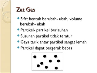 Zat Gas
Sifatbentuk berubah- ubah, volume
 berubah- ubah
Partikel- partikel berjauhan
Susunan partikel tidak teratur
Gaya tarik antar partikel sangat lemah
Partikel dapat bergerak bebas
 