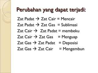 Perubahan yang dapat terjadi:
Zat Padat  Zat Cair = Mencair
Zat Padat  Zat Gas = Sublimasi
Zat Cair  Zat Padat = membeku
Zat Cair  Zat Gas = Menguap
Zat Gas  Zat Padat = Deposisi
Zat Gas  Zat Cair = Mengembun
 