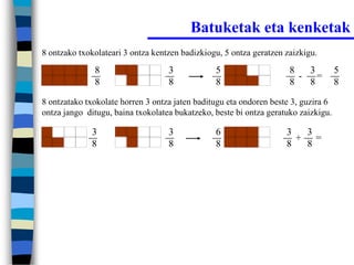 Batuketak eta kenketak
8 ontzako txokolateari 3 ontza kentzen badizkiogu, 5 ontza geratzen zaizkigu.

              8                    3            5                    8   3          5
                                                                       - =
              8                    8            8                    8   8          8

8 ontzatako txokolate horren 3 ontza jaten baditugu eta ondoren beste 3, guzira 6
ontza jango ditugu, baina txokolatea bukatzeko, beste bi ontza geratuko zaizkigu.

             3                     3            6                   3  3
                                                                      + =
             8                     8            8                   8  8
 