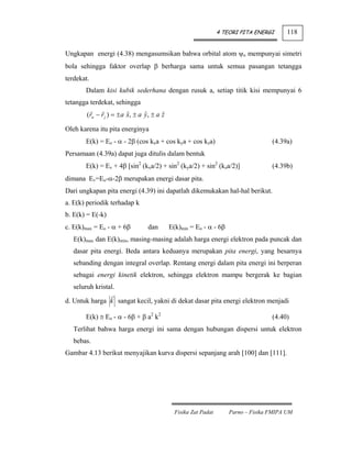 4 TEORI PITA ENERGI      118


Ungkapan energi (4.38) mengasumsikan bahwa orbital atom ψo mempunyai simetri
bola sehingga faktor overlap β berharga sama untuk semua pasangan tetangga
terdekat.
       Dalam kisi kubik sederhana dengan rusuk a, setiap titik kisi mempunyai 6
tetangga terdekat, sehingga
        (rn − r j ) = ± a x, ± a y, ± a z
                          ˆ      ˆ      ˆ

Oleh karena itu pita energinya
       E(k) = Eo - α - 2β (cos kxa + cos kya + cos kza)                             (4.39a)
Persamaan (4.39a) dapat juga ditulis dalam bentuk
       E(k) = Ev + 4β [sin2 (kxa/2) + sin2 (kya/2) + sin2 (kza/2)]                  (4.39b)
dimana Ev=Eo-α-2β merupakan energi dasar pita.
Dari ungkapan pita energi (4.39) ini dapatlah dikemukakan hal-hal berikut.
a. E(k) periodik terhadap k
b. E(k) = E(-k)
c. E(k)max = Eo - α + 6β         dan        E(k)min = Eo - α - 6β
   E(k)max dan E(k)min, masing-masing adalah harga energi elektron pada puncak dan
   dasar pita energi. Beda antara keduanya merupakan pita energi, yang besarnya
   sebanding dengan integral overlap. Rentang energi dalam pita energi ini berperan
   sebagai energi kinetik elektron, sehingga elektron mampu bergerak ke bagian
   seluruh kristal.

d. Untuk harga k sangat kecil, yakni di dekat dasar pita energi elektron menjadi

       E(k) ≅ Eo - α - 6β + β a2 k2                                                 (4.40)
   Terlihat bahwa harga energi ini sama dengan hubungan dispersi untuk elektron
   bebas.
Gambar 4.13 berikut menyajikan kurva dispersi sepanjang arah [100] dan [111].




                                              Fisika Zat Padat       Parno – Fisika FMIPA UM
 