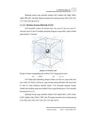 I STRUKTUR KRISTAL    10


       Beberapa kristal yang memiliki struktur NaCl adalah LiH, MgO, MnO,
AgBr, PbS, KCl, dan KBr dengan konstanta kisi masing-masing 4,08; 4,20; 4,43;
5,77; 5,92; 6,29; dan 6,59 Å.

1.1.3.2 Struktur Sesium Khlorida (CsCl)
       CsCl memiliki struktur SC dengan basis satu atom Cs dan satu atom Cl.
Alternasi atom Cs dan Cl terdapat sepanjang diagonal ruang kubik, seperti terlihat
pada Gambar 1.9 berikut.




                                Gambar 1.9 Struktur CsCl
Setiap sel satuan mengandung satu molekul CsCl, dengan posisi atom
                  Cs       : 000                   Cl         : ½½½
       CsCl dapat pula dipandang sebagai struktur non-Bravais yang terdiri dari
dua subkisi SC (kubik sederhana), yang masing-masing dibentuk oleh atom-atom
Cs dan Cl, yang keduanya terpisah sejauh ½√3a (setengah diagonal ruang).
Jumlah titik terdekat setiap atom adalah 8 atom yang berbeda jenis. CsCl memiliki
konstanta kisi 4,11 Å.
       Beberapa kristal yang memiliki struktur CsCl adalah BeCu, AlNi, CuZn,
CuPd, AgMg, LiHg, NH4Cl, TlBr, dan TlI dengan konstanta kisi masing-masing
2,70; 2,88; 2,94; 2,99; 3,28; 3,29; 3,87; 3,97; dan 4,20 Å.




                                          Fisika Zat Padat       Parno – Fisika FMIPA UM
 