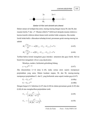 6 BAHAN DIELEKTRIK      168


                                                2n            2n+1
                              +                  -             +              -

                                                M2              M1

                              Gambar 6.9 Kisi ionik diatomik satu dimensi
Dalam satuan sel terdapat dua atom, masing-masing dengan massa M1 dan M2 dan
muatan listrik e* dan –e*. Muatan efektif e* lebih kecil daripada muatan elektron e
karena transfer elektron dalam ikatan ionik molekul tidak sempurna. Jika medan
listrik bolak-balik ε dikenakan terhadap kristal, persamaan gerak masing-masing ion
adalah
            ∂ 2U 2 n +1
         M1             = −α {2U n +1 − U 2 n − U 2 n + 2 } + e * ε                       (6.45)
               ∂t 2
            ∂ 2U 2 n
         M2          = −α {2U 2 n − U 2 n −1 − U 2 n +1 } − e * ε                         (6.46)
              ∂t 2
Terlihat bahwa kristal mengalami gaya interaksi antaratom dan gaya listrik. Hal ini
berarti kisi mengalami vibrasi yang dipaksakan.
         Misalnya, medan ε berbentuk gelombang bidang
         ε = εx ei(kx - ωt)                                                               (6.47)
Jika diasumsikan λ>>d (atau k→0), maka semua atom sejenis mempunyai
perpindahan yang sama. Dalam keadaan mapan, M1 dan M2 masing-masing
mempunyai perpindahan U+ dan U- yang berbentuk sama seperti medan gaya (6.47)
         U+ = Uo+ e-iωt                                                                   (6.48a)
         U- = Uo- e-iωt                                                                   (6.48b)
Dengan harga k=0. Substitusi (6.47) dan (6.48) ke dalam persamaan gerak (6.45) dan
(6.46) di atas menghasilkan perpindahan ionik
                ⎛     e*    ⎞
         U o+ = ⎜      2
                            ⎟
                ⎜ M (ω − ω ) ε
                          2 ⎟ x
                                                                                          (6.49)
                ⎝ 1 t       ⎠
                  ⎛    e*                ⎞
         U o − = −⎜                      ⎟ε x                                             (6.50)
                  ⎝ 2 t   (
                  ⎜ M ω 2 −ω 2       )   ⎟
                                         ⎠


                                                     Fisika Zat Padat      Parno – Fisika FMIPA UM
 