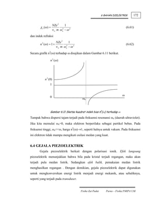 6 BAHAN DIELEKTRIK      172


                     NZe 2    1
        χ e (ω ) =                                                             (6.61)
                     ∈o m ω o − ω 2
                            2



dan indek refraksi
                        NZe 2    1
       n 2 (ω ) = 1 +                                                          (6.62)
                        ∈o m ω o − ω 2
                               2



Secara grafik n2(ω) terhadap ω disajikan dalam Gambar 6.11 berikut.

                 n 2 (ω )




            n 2 (0)
                 1


                                                                           ω
                 0
                                          ωo



                 Gambar 6.11 Sketsa kuadrat indek bias n2(ω) terhadap ω

Tampak bahwa dispersi tajam terjadi pada frekuensi resonansi ωo (daerah ultraviolet).
Jika kita memulai ωo=0, maka elektron berperilaku sebagai partikel bebas. Pada
frekuensi tinggi, ωo<<ω, harga n2(ω)→1, seperti halnya untuk vakum. Pada frekuensi
ini elektron tidak mampu mengikuti osilasi medan yang kuat.


6.4 GEJALA PIEZOELEKTRIK
       Gejala piezoelektrik berkait dengan polarisasi ionik. Efek langsung
piezoelektrik menunjukkan bahwa bila pada kristal terjadi regangan, maka akan
terjadi pula medan listrik. Sedangkan efek balik, pemakaian medan listrik
menghasilkan regangan . Dengan demikian, gejala piezoelektrik dapat digunakan
untuk mengkonversikan energi listrik menjadi energi mekanik, atau sebaliknya,
seperti yang terjadi pada transduser.


                                         Fisika Zat Padat      Parno – Fisika FMIPA UM
 
