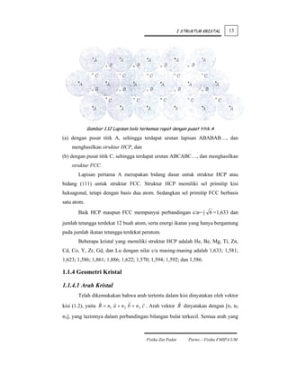 I STRUKTUR KRISTAL    13




             Gambar 1.12 Lapisan bola terkemas rapat dengan pusat titik A
(a) dengan pusat titik A, sehingga terdapat urutan lapisan ABABAB…, dan
    menghasilkan struktur HCP, dan
(b) dengan pusat titik C, sehingga terdapat urutan ABCABC…, dan menghasilkan
    struktur FCC.
       Lapisan pertama A merupakan bidang dasar untuk struktur HCP atau
bidang (111) untuk struktur FCC. Struktur HCP memiliki sel primitip kisi
heksagonal, tetapi dengan basis dua atom. Sedangkan sel primitip FCC berbasis
satu atom.
       Baik HCP maupun FCC mempunyai perbandingan c/a= 2 6 =1,633 dan
                                                       3

jumlah tetangga terdekat 12 buah atom, serta energi ikatan yang hanya bergantung
pada jumlah ikatan tetangga terdekat peratom.
       Beberapa kristal yang memiliki struktur HCP adalah He, Be, Mg, Ti, Zn,
Cd, Co, Y, Zr, Gd, dan Lu dengan nilai c/a masing-masing adalah 1,633; 1,581;
1,623; 1,586; 1,861; 1,886; 1,622; 1,570; 1,594; 1,592; dan 1,586.

1.1.4 Geometri Kristal

1.1.4.1 Arah Kristal
       Telah dikemukakan bahwa arah tertentu dalam kisi dinyatakan oleh vektor
kisi (1.2), yaitu R = n1 a + n 2 b + n3 c . Arah vektor R dinyatakan dengan [n1 n2
n3], yang lazimnya dalam perbandingan bilangan bulat terkecil. Semua arah yang



                                         Fisika Zat Padat       Parno – Fisika FMIPA UM
 