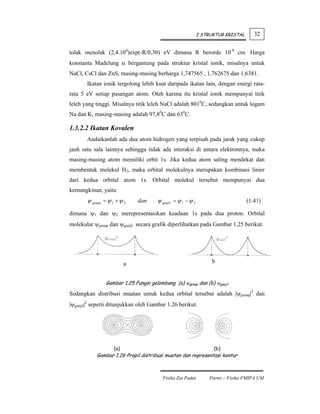 I STRUKTUR KRISTAL      32


tolak menolak (2,4.104)exp(-R/0,30) eV dimana R berorde 10-8 cm. Harga
konstanta Madelung α bergantung pada struktur kristal ionik, misalnya untuk
NaCl, CsCl dan ZnS, masing-masing berharga 1,747565 , 1,762675 dan 1,6381.
       Ikatan ionik tergolong lebih kuat daripada ikatan lain, dengan energi rata-
rata 5 eV setiap pasangan atom. Oleh karena itu kristal ionik mempunyai titik
leleh yang tinggi. Misalnya titik leleh NaCl adalah 8010C, sedangkan untuk logam
Na dan K, masing-masing adalah 97,80C dan 630C.

1.3.2.2 Ikatan Kovalen
       Andaikanlah ada dua atom hidrogen yang terpisah pada jarak yang cukup
jauh satu sala lainnya sehingga tidak ada interaksi di antara elektronnya, maka
masing-masing atom memiliki orbit 1s. Jika kedua atom saling mendekat dan
membentuk molekul H2, maka orbital molekulnya merupakan kombinasi linier
dari kedua orbital atom 1s. Orbital molekul tersebut mempunyai dua
kemungkinan, yaitu
       ψ genap = ψ 1 + ψ 2    dan      ψ ganjil = ψ 1 − ψ 2                        (1.41)

dimana ψ1 dan ψ2 merepresentasikan keadaan 1s pada dua proton. Orbital
molekular ψgenap dan ψganjil secara grafik diperlihatkan pada Gambar 1.25 berikut.




                          a                                        b


                Gambar 1.25 Fungsi gelombang (a) ψgenap dan (b) ψganjil

Sedangkan distribusi muatan untuk kedua orbital tersebut adalah |ψgenap|2 dan
|ψganjil|2 seperti ditunjukkan oleh Gambar 1.26 berikut.




                    (a)                                             (b)
            Gambar 1.26 Propil distribusi muatan dan representasi kontur



                                         Fisika Zat Padat         Parno – Fisika FMIPA UM
 