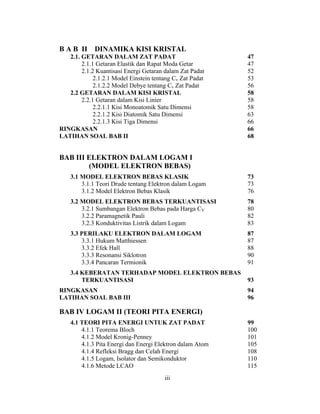 B A B II     DINAMIKA KISI KRISTAL
   2.1. GETARAN DALAM ZAT PADAT                            47
        2.1.1 Getaran Elastik dan Rapat Moda Getar         47
        2.1.2 Kuantisasi Energi Getaran dalam Zat Padat    52
             2.1.2.1 Model Einstein tentang Cv Zat Padat   53
             2.1.2.2 Model Debye tentang Cv Zat Padat      56
   2.2 GETARAN DALAM KISI KRISTAL                          58
        2.2.1 Getaran dalam Kisi Linier                    58
             2.2.1.1 Kisi Monoatomik Satu Dimensi          58
             2.2.1.2 Kisi Diatomik Satu Dimensi            63
             2.2.1.3 Kisi Tiga Dimensi                     66
RINGKASAN                                                  66
LATIHAN SOAL BAB II                                        68


BAB III ELEKTRON DALAM LOGAM I
        (MODEL ELEKTRON BEBAS)
    3.1 MODEL ELEKTRON BEBAS KLASIK                        73
        3.1.1 Teori Drude tentang Elektron dalam Logam     73
        3.1.2 Model Elektron Bebas Klasik                  76
    3.2 MODEL ELEKTRON BEBAS TERKUANTISASI                 78
        3.2.1 Sumbangan Elektron Bebas pada Harga CV       80
        3.2.2 Paramagnetik Pauli                           82
        3.2.3 Konduktivitas Listrik dalam Logam            83
    3.3 PERILAKU ELEKTRON DALAM LOGAM                      87
        3.3.1 Hukum Matthiessen                            87
        3.3.2 Efek Hall                                    88
        3.3.3 Resonansi Siklotron                          90
        3.3.4 Pancaran Termionik                           91
    3.4 KEBERATAN TERHADAP MODEL ELEKTRON BEBAS
        TERKUANTISASI                                      93
RINGKASAN                                                  94
LATIHAN SOAL BAB III                                       96

BAB IV LOGAM II (TEORI PITA ENERGI)
    4.1 TEORI PITA ENERGI UNTUK ZAT PADAT                  99
        4.1.1 Teorema Bloch                                100
        4.1.2 Model Kronig-Penney                          101
        4.1.3 Pita Energi dan Energi Elektron dalam Atom   105
        4.1.4 Refleksi Bragg dan Celah Energi              108
        4.1.5 Logam, Isolator dan Semikonduktor            110
        4.1.6 Metode LCAO                                  115
                                        iii
 