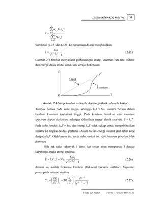 II DINAMIKA KISI KRISTAL      54

             ∞

             ∑ε        n    f (ε n )
       ε =   n=0
               ∞

                 ∑ f (ε
                 n=0
                                n   )

Substitusi (2.23) dan (2.24) ke persamaan di atas menghasilkan
                       ω
       ε =       ω / k oT
                                                                                                 (2.25)
             e              −1
Gambar 2.4 berikut menyajikan perbandingan energi kuantum rata-rata osilator
dan energi klasik kristal untuk satu derajat kebebasan.

                            ε

                                             klasik

                                                                           kuantum

                            O                                                        T

      Gambar 2.4 Energi kuantum rata-rata dan energi klasik rata-rata kristal

Tampak bahwa pada suhu tinggi, sehingga koT>>ћω, osilator berada dalam
keadaan kuantum tereksitasi tinggi. Pada keadaan demikian sifat kuantum
spektrum dapat diabaikan, sehingga dihasilkan energi klasik rata-rata ε = k oT .

Pada suhu rendah, koT<<ћω, dan energi koT tidak cukup untuk mengeksitasikan
osilator ke tingkat eksitasi pertama. Dalam hal ini energi osilator jauh lebih kecil
daripada koT. Oleh karena itu, pada suhu rendah ini, sifat kuantum gerakan lebih
dominan.
       Bila zat padat sebanyak 1 kmol dan setiap atom mempunyai 3 derajat
kebebasan, maka energi totalnya
                                                ωE
        E = 3N Aε = 3N A                    ω E / k oT
                                                                                                 (2.26)
                                        e                −1
dimana ωE adalah frekuensi Einstein (frekuensi bersama osilator). Kapasitas
panas pada volume konstan
                                                    2
            ⎛ ∂E ⎞      ⎛θ ⎞    eθ E / T
       CV = ⎜    ⎟ = 3 R⎜ E ⎟ θ / T                                                              (2.27)
            ⎝ ∂T ⎠V     ⎝ T ⎠ e E −1
                                         2
                                                         (       )
                                                              Fisika Zat Padat   Parno – Fisika FMIPA UM
 