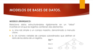 MODELOS DE BASES DE DATOS.
MODELO JERÁRQUICO:
Relaciona datos estructurándolos rígidamente en un “árbol”
invertido en el que los registros contienen dos elementos:
 a. Una raíz simple o un campo maestro, denominado a menudo
clave.
 b. Un número variable de campos subordinados que definen el
resto de los datos de un registro.
 