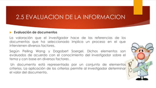 2.5 EVALUACION DE LA INFORMACION
 Evaluación de documentos
La valoración que el investigador hace de las referencias de los
documentos que ha seleccionado implica un proceso en el que
intervienen diversos factores.
Según Peiling Wang y Dagobert Soergel. Dichos elementos son
evaluados de acuerdo con el conocimiento del investigador sobre el
tema y con base en diversos factores .
Un documento está representado por un conjunto de elementos
criterios. La aplicación de los criterios permite al investigador determinar
el valor del documento.
 