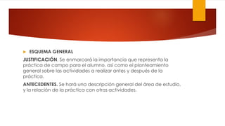  ESQUEMA GENERAL
JUSTIFICACIÓN. Se enmarcará la importancia que representa la
práctica de campo para el alumno, así como el planteamiento
general sobre las actividades a realizar antes y después de la
práctica.
ANTECEDENTES. Se hará una descripción general del área de estudio,
y la relación de la práctica con otras actividades.
 