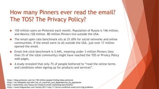 How many Pinners ever read the email?
The TOS? The Privacy Policy?
 150 million users on Pinterest each month. Population...