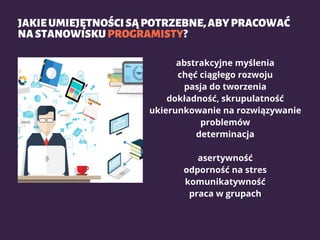 JAKIEUMIEJĘTNOŚCISĄPOTRZEBNE,ABYPRACOWAĆ
NASTANOWISKUPROGRAMISTY?
abstrakcyjne myślenia
chęć ciągłego rozwoju
pasja do tworzenia
dokładność, skrupulatność
ukierunkowanie na rozwiązywanie
problemów
determinacja
asertywność
odporność na stres
komunikatywność
praca w grupach
 
