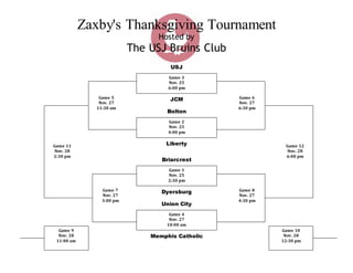 Zaxby's Thanksgiving Tournament
Hosted by
The USJ Bruins Club
Game 3
Nov. 25
6:00 pm
Game 2
Nov. 25
4:00 pm
Game 1
Nov. 25
2:30 pm
Game 4
Nov. 27
10:00 am
Game 9
Nov. 28
11:00 am
Game 10
Nov. 28
12:30 pm
USJ
JCM
Bolton
Liberty
Briarcrest
Dyersburg
Union City
Memphis Catholic
Game 5
Nov. 27
11:30 am
Game 6
Nov. 27
6:30 pm
Game 7
Nov. 27
3:00 pm
Game 8
Nov. 27
4:30 pm
Game 11
Nov. 28
2:30 pm
Game 12
Nov. 28
6:00 pm
 