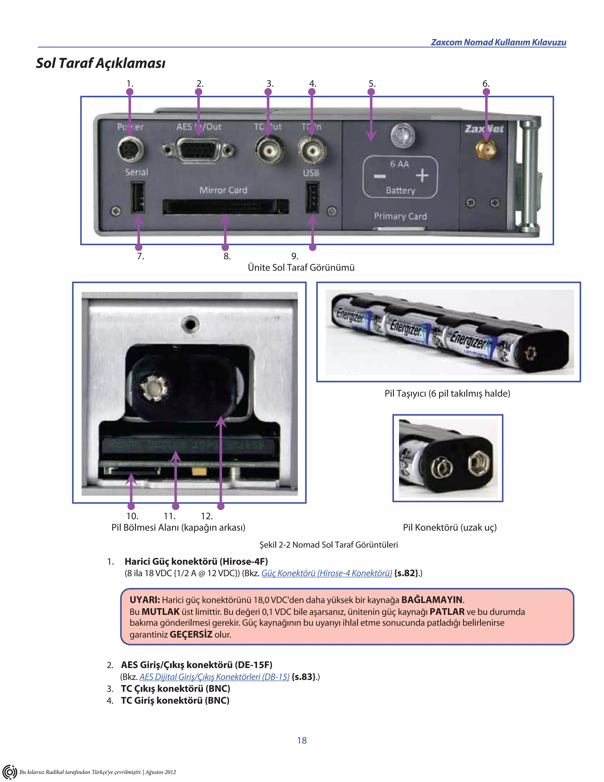 ___________________________________________________                                             Zaxcom Nomad Kullanım Kılavuzu

       Sol Taraf Açıklaması
                                              1.                       2.            3.          4.             5.                              6.




                                                   7.                       8.              9.
                                                                                 Ünite Sol Taraf Görünümü




                                                                                                                     Pil Taşıyıcı (6 pil takılmış halde)




                                           10.      11.      12.
                                       Pil Bölmesi Alanı (kapağın arkası)                                                  Pil Konektörü (uzak uç)
                                                                                   Şekil 2-2 Nomad Sol Taraf Görüntüleri
                                     1.      Harici Güç konektörü (Hirose-4F)
                                             (8 ila 18 VDC {1/2 A @ 12 VDC}) (Bkz. Güç Konektörü (Hirose-4 Konektörü) {s.82}.)

                                               UYARI: Harici güç konektörünü 18,0 VDC'den daha yüksek bir kaynağa BAĞLAMAYIN.
                                               Bu MUTLAK üst limittir. Bu değeri 0,1 VDC bile aşarsanız, ünitenin güç kaynağı PATLAR ve bu durumda
                                               bakıma gönderilmesi gerekir. Güç kaynağının bu uyarıyı ihlal etme sonucunda patladığı belirlenirse
                                               garantiniz GEÇERSİZ olur.


                                     2. AES Giriş/Çıkış konektörü (DE-15F)
                                        (Bkz. AES Dijital Giriş/Çıkış Konektörleri (DB-15) {s.83}.)
                                     3. TC Çıkış konektörü (BNC)
                                     4. TC Giriş konektörü (BNC)



                                                                                            18


Bu kılavuz Radikal tarafından Türkçe’ye çevrilmiştir. | Ağustos 2012
 