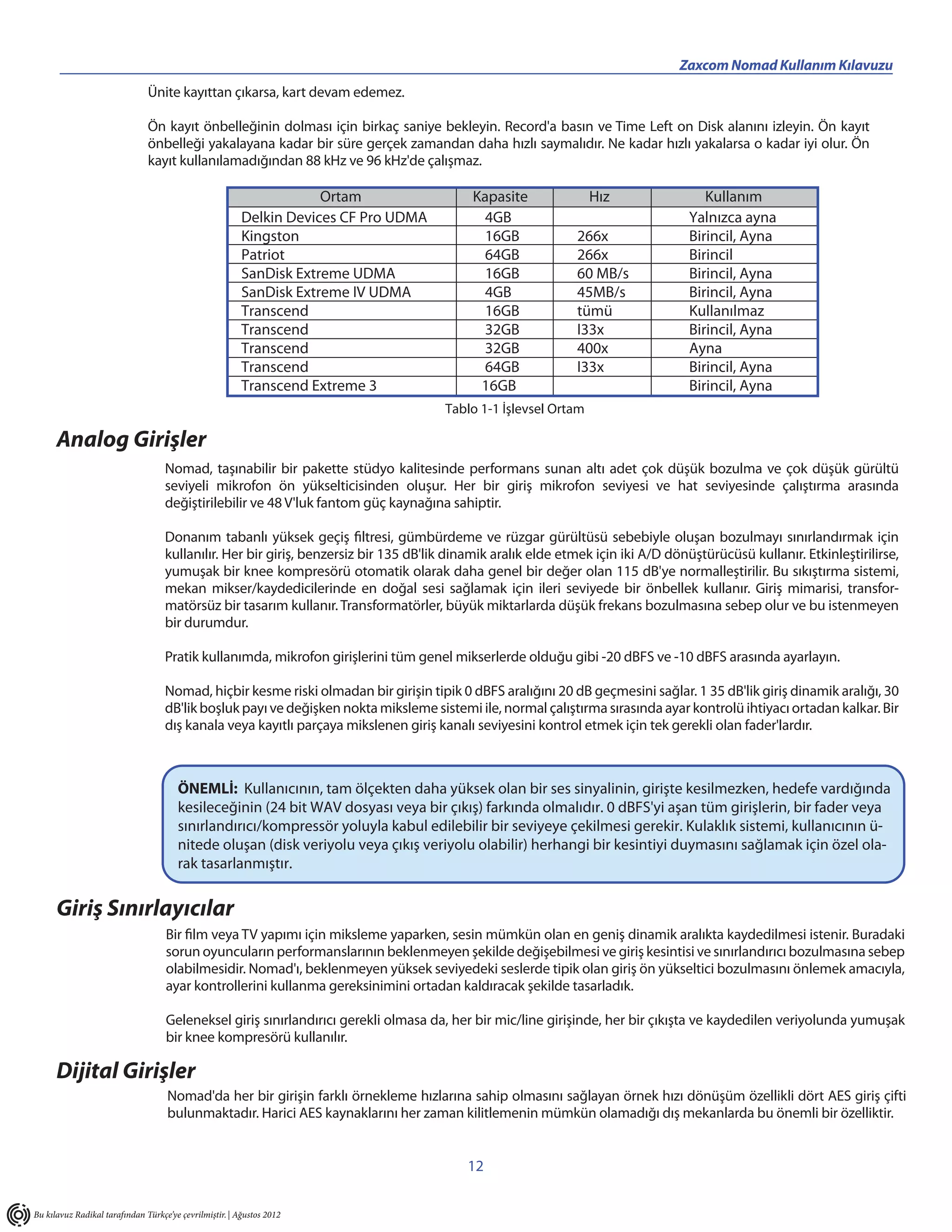 ____________________________________                      Zaxcom Nomad Kullanım Kılavuzu
                               Ünite kayıttan çıkarsa, kart devam edemez.

                               Ön kayıt önbelleğinin dolması için birkaç saniye bekleyin. Record'a basın ve Time Left on Disk alanını izleyin. Ön kayıt
                               önbelleği yakalayana kadar bir süre gerçek zamandan daha hızlı saymalıdır. Ne kadar hızlı yakalarsa o kadar iyi olur. Ön
                               kayıt kullanılamadığından 88 kHz ve 96 kHz'de çalışmaz.

                                                                     Ortam                 Kapasite               Hız                Kullanım
                                                         Delkin Devices CF Pro UDMA          4GB                                  Yalnızca ayna
                                                         Kingston                            16GB             266x                Birincil, Ayna
                                                         Patriot                             64GB             266x                Birincil
                                                         SanDisk Extreme UDMA                16GB             60 MB/s             Birincil, Ayna
                                                         SanDisk Extreme IV UDMA             4GB              45MB/s              Birincil, Ayna
                                                         Transcend                           16GB             tümü                Kullanılmaz
                                                         Transcend                           32GB             I33x                Birincil, Ayna
                                                         Transcend                           32GB             400x                Ayna
                                                         Transcend                           64GB             I33x                Birincil, Ayna
                                                         Transcend Extreme 3                16GB                                  Birincil, Ayna
                                                                                       Tablo 1-1 İşlevsel Ortam

      Analog Girişler
                                    Nomad, taşınabilir bir pakette stüdyo kalitesinde performans sunan altı adet çok düşük bozulma ve çok düşük gürültü
                                    seviyeli mikrofon ön yükselticisinden oluşur. Her bir giriş mikrofon seviyesi ve hat seviyesinde çalıştırma arasında
                                    değiştirilebilir ve 48 V'luk fantom güç kaynağına sahiptir.

                                    Donanım tabanlı yüksek geçiş filtresi, gümbürdeme ve rüzgar gürültüsü sebebiyle oluşan bozulmayı sınırlandırmak için
                                    kullanılır. Her bir giriş, benzersiz bir 135 dB'lik dinamik aralık elde etmek için iki A/D dönüştürücüsü kullanır. Etkinleştirilirse,
                                    yumuşak bir knee kompresörü otomatik olarak daha genel bir değer olan 115 dB'ye normalleştirilir. Bu sıkıştırma sistemi,
                                    mekan mikser/kaydedicilerinde en doğal sesi sağlamak için ileri seviyede bir önbellek kullanır. Giriş mimarisi, transfor-
                                    matörsüz bir tasarım kullanır. Transformatörler, büyük miktarlarda düşük frekans bozulmasına sebep olur ve bu istenmeyen
                                    bir durumdur.

                                    Pratik kullanımda, mikrofon girişlerini tüm genel mikserlerde olduğu gibi -20 dBFS ve -10 dBFS arasında ayarlayın.

                                    Nomad, hiçbir kesme riski olmadan bir girişin tipik 0 dBFS aralığını 20 dB geçmesini sağlar. 1 35 dB'lik giriş dinamik aralığı, 30
                                    dB'lik boşluk payı ve değişken nokta miksleme sistemi ile, normal çalıştırma sırasında ayar kontrolü ihtiyacı ortadan kalkar. Bir
                                    dış kanala veya kayıtlı parçaya mikslenen giriş kanalı seviyesini kontrol etmek için tek gerekli olan fader'lardır.



                                       ÖNEMLİ: Kullanıcının, tam ölçekten daha yüksek olan bir ses sinyalinin, girişte kesilmezken, hedefe vardığında
                                       kesileceğinin (24 bit WAV dosyası veya bir çıkış) farkında olmalıdır. 0 dBFS'yi aşan tüm girişlerin, bir fader veya
                                       sınırlandırıcı/kompressör yoluyla kabul edilebilir bir seviyeye çekilmesi gerekir. Kulaklık sistemi, kullanıcının ü-
                                       nitede oluşan (disk veriyolu veya çıkış veriyolu olabilir) herhangi bir kesintiyi duymasını sağlamak için özel ola-
                                       rak tasarlanmıştır.


      Giriş Sınırlayıcılar
                                    Bir film veya TV yapımı için miksleme yaparken, sesin mümkün olan en geniş dinamik aralıkta kaydedilmesi istenir. Buradaki
                                    sorun oyuncuların performanslarının beklenmeyen şekilde değişebilmesi ve giriş kesintisi ve sınırlandırıcı bozulmasına sebep
                                    olabilmesidir. Nomad'ı, beklenmeyen yüksek seviyedeki seslerde tipik olan giriş ön yükseltici bozulmasını önlemek amacıyla,
                                    ayar kontrollerini kullanma gereksinimini ortadan kaldıracak şekilde tasarladık.

                                    Geleneksel giriş sınırlandırıcı gerekli olmasa da, her bir mic/line girişinde, her bir çıkışta ve kaydedilen veriyolunda yumuşak
                                    bir knee kompresörü kullanılır.

      Dijital Girişler
                                    Nomad'da her bir girişin farklı örnekleme hızlarına sahip olmasını sağlayan örnek hızı dönüşüm özellikli dört AES giriş çifti
                                    bulunmaktadır. Harici AES kaynaklarını her zaman kilitlemenin mümkün olamadığı dış mekanlarda bu önemli bir özelliktir.


                                                                                          12

Bu kılavuz Radikal tarafından Türkçe’ye çevrilmiştir. | Ağustos 2012
 
