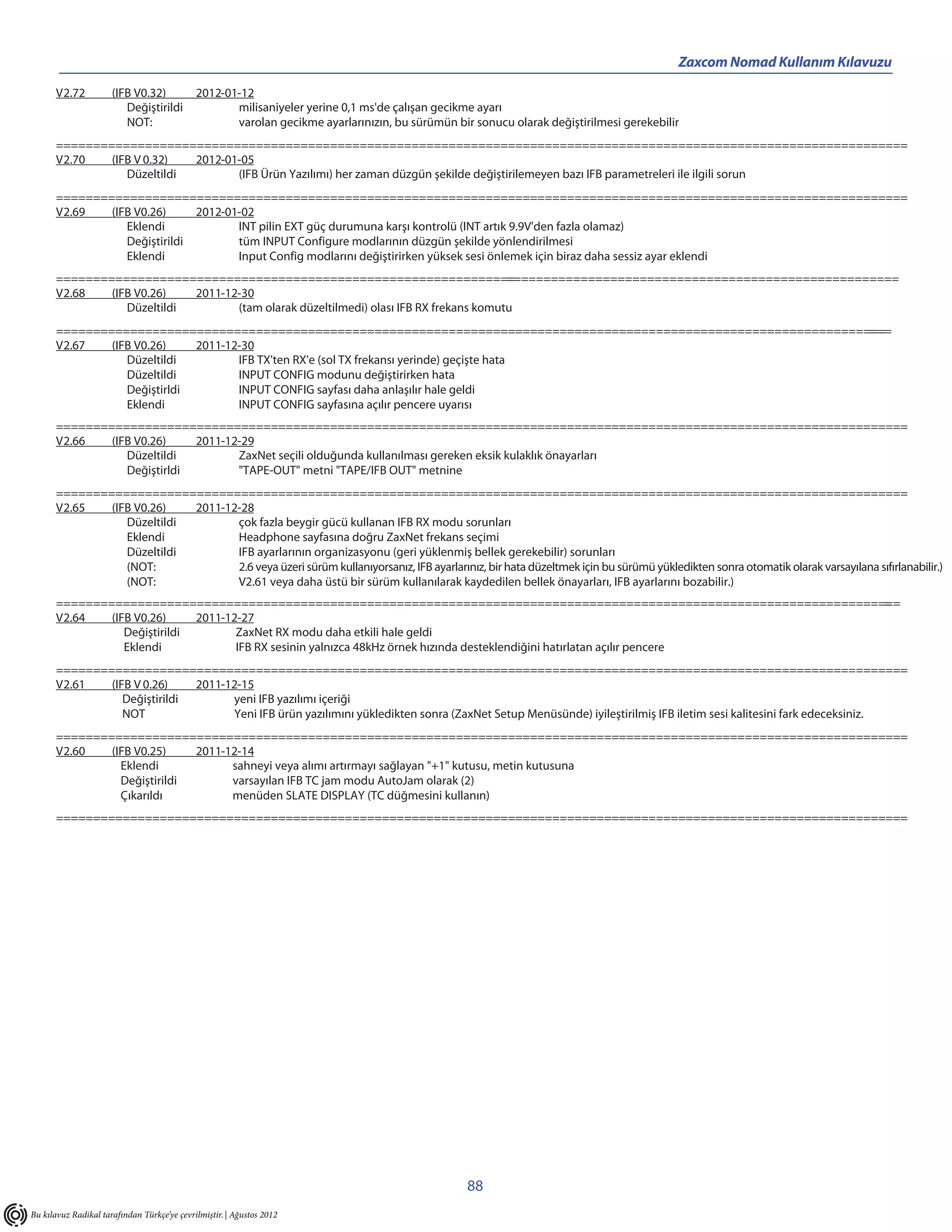 Zaxcom Nomad Kullanım Kılavuzu

      V2.72           (IFB V0.32)            2012-01-12
                         Değiştirildi               milisaniyeler yerine 0,1 ms'de çalışan gecikme ayarı
                         NOT:                       varolan gecikme ayarlarınızın, bu sürümün bir sonucu olarak değiştirilmesi gerekebilir
      ===================================================================================================================
      V2.70   (IFB V 0.32)  2012-01-05
                 Düzeltildi        (IFB Ürün Yazılımı) her zaman düzgün şekilde değiştirilemeyen bazı IFB parametreleri ile ilgili sorun
      ===================================================================================================================
      V2.69   (IFB V0.26)     2012-01-02
                 Eklendi             INT pilin EXT güç durumuna karşı kontrolü (INT artık 9.9V'den fazla olamaz)
                 Değiştirildi        tüm INPUT Configure modlarının düzgün şekilde yönlendirilmesi
                 Eklendi             Input Config modlarını değiştirirken yüksek sesi önlemek için biraz daha sessiz ayar eklendi
      ==============================================================                   =====================================================
      V2.68   (IFB V0.26)   2011-12-30
                 Düzeltildi        (tam olarak düzeltilmedi) olası IFB RX frekans komutu
      ================================================================================================================
                                                                                                                    ===
      V2.67   (IFB V0.26)    2011-12-30
                 Düzeltildi         IFB TX'ten RX'e (sol TX frekansı yerinde) geçişte hata
                 Düzeltildi         INPUT CONFIG modunu değiştirirken hata
                 Değiştirldi        INPUT CONFIG sayfası daha anlaşılır hale geldi
                 Eklendi            INPUT CONFIG sayfasına açılır pencere uyarısı
      ===================================================================================================================
      V2.66   (IFB V0.26)    2011-12-29
                 Düzeltildi         ZaxNet seçili olduğunda kullanılması gereken eksik kulaklık önayarları
                 Değiştirldi        "TAPE-OUT" metni "TAPE/IFB OUT" metnine
      ===================================================================================================================
      V2.65   (IFB V0.26)   2011-12-28
                 Düzeltildi        çok fazla beygir gücü kullanan IFB RX modu sorunları
                 Eklendi           Headphone sayfasına doğru ZaxNet frekans seçimi
                 Düzeltildi        IFB ayarlarının organizasyonu (geri yüklenmiş bellek gerekebilir) sorunları
                 (NOT:             2.6 veya üzeri sürüm kullanıyorsanız, IFB ayarlarınız, bir hata düzeltmek için bu sürümü yükledikten sonra otomatik olarak varsayılana sıfırlanabilir.)
                 (NOT:             V2.61 veya daha üstü bir sürüm kullanılarak kaydedilen bellek önayarları, IFB ayarlarını bozabilir.)
      ==================================================================================================================   =
      V2.64   (IFB V0.26)     2011-12-27
                 Değiştirildi        ZaxNet RX modu daha etkili hale geldi
                 Eklendi             IFB RX sesinin yalnızca 48kHz örnek hızında desteklendiğini hatırlatan açılır pencere
      ===================================================================================================================
      V2.61   (IFB V 0.26)    2011-12-15
                 Değiştirildi       yeni IFB yazılımı içeriği
                 NOT                Yeni IFB ürün yazılımını yükledikten sonra (ZaxNet Setup Menüsünde) iyileştirilmiş IFB iletim sesi kalitesini fark edeceksiniz.
      ===================================================================================================================
      V2.60   (IFB V0.25)    2011-12-14
                Eklendi            sahneyi veya alımı artırmayı sağlayan "+1" kutusu, metin kutusuna
                Değiştirildi       varsayılan IFB TC jam modu AutoJam olarak (2)
                Çıkarıldı          menüden SLATE DISPLAY (TC düğmesini kullanın)
      ===================================================================================================================




                                                                                                 88
Bu kılavuz Radikal tarafından Türkçe’ye çevrilmiştir. | Ağustos 2012
 